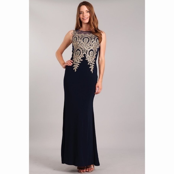 Sleeveless navy gold lace dress - Picture 1 of 6